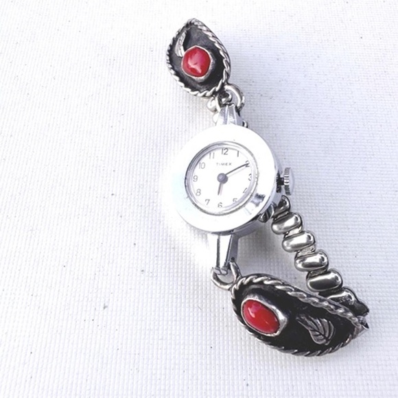 Vintage Timex sterling silver inlaid coral strap women\'s mechanical watch